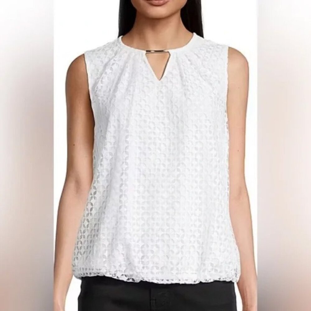 Liz Claiborne Eyelet Lace Sleeveless Bubble Hem Blouse Gold Bar Necklace Trim XL